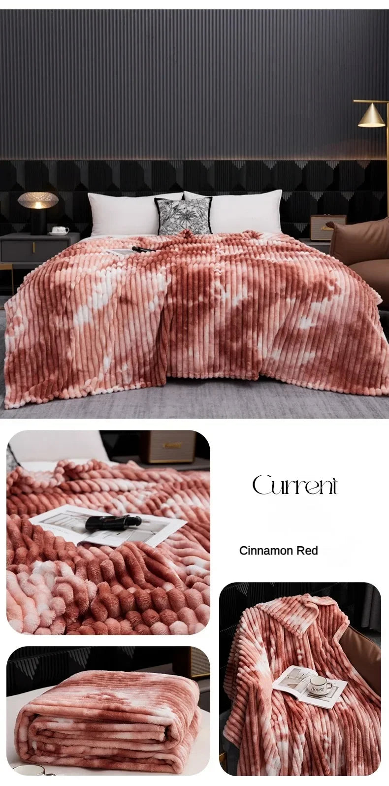 A fluffy cinnamon red tie-dye flannel fleece throw blanket draped over a sofa.