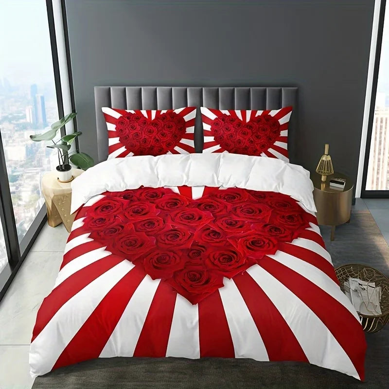 A heart-shaped printed bedding set featuring dark red and black stripes in a patriotic design.