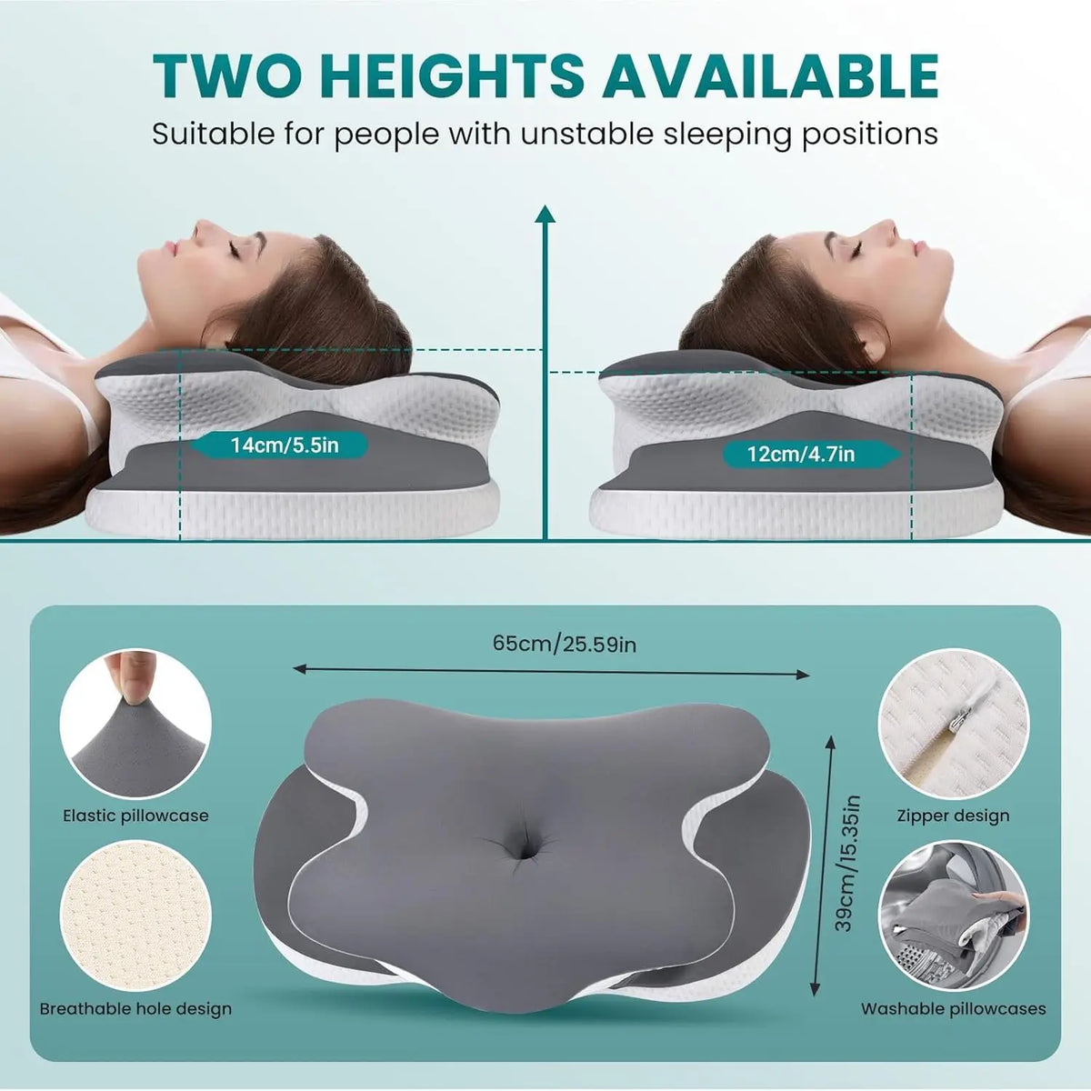 Two heights of ergonomic memory foam neck pillows suitable for people with unstable sleeping positions