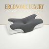 A gray ergonomic memory foam neck pillow with white accents shown against a light background.