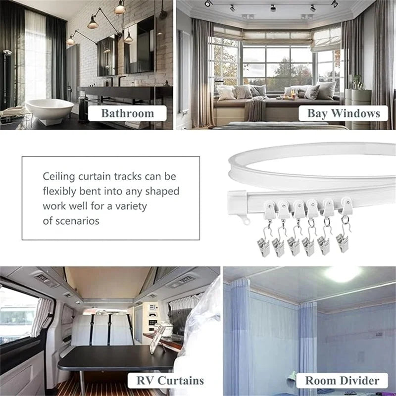 Flexible bendable curtain track used for ceiling or wall mounting in various scenarios.