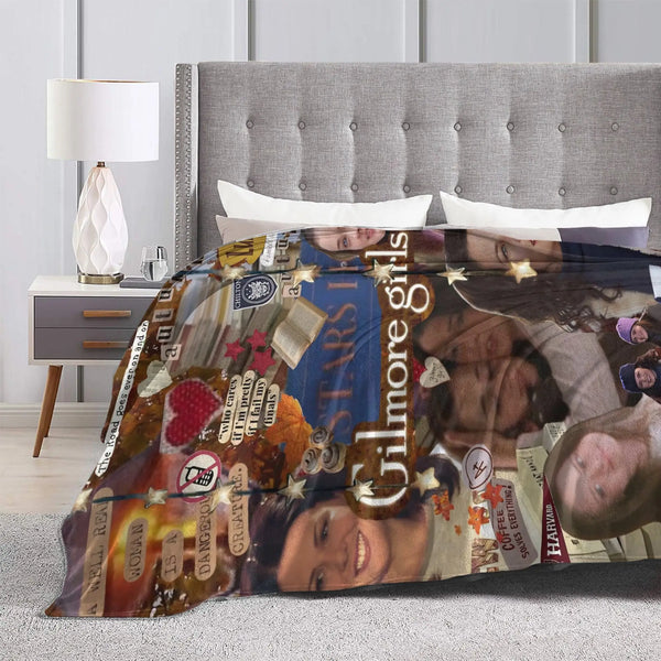 A cozy knit throw blanket featuring a collage of faces and text on a bed.