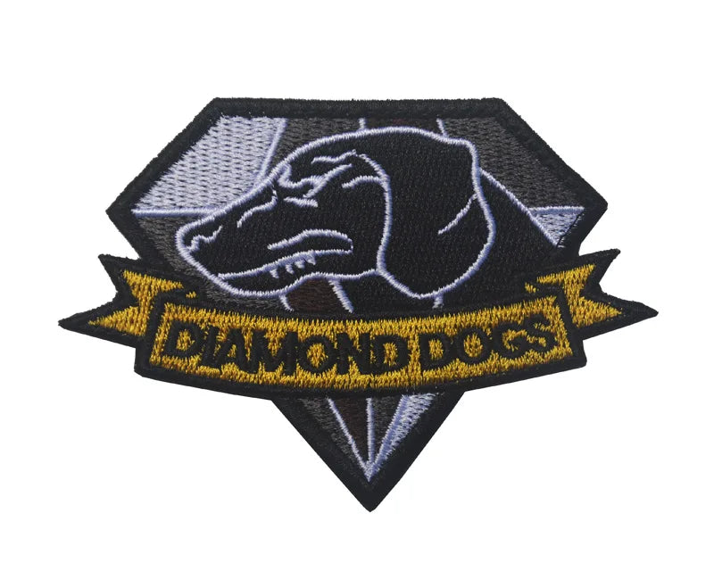 A black embroidered patch featuring a stylized dog head and the text Diamond Dogs in yellow thread.