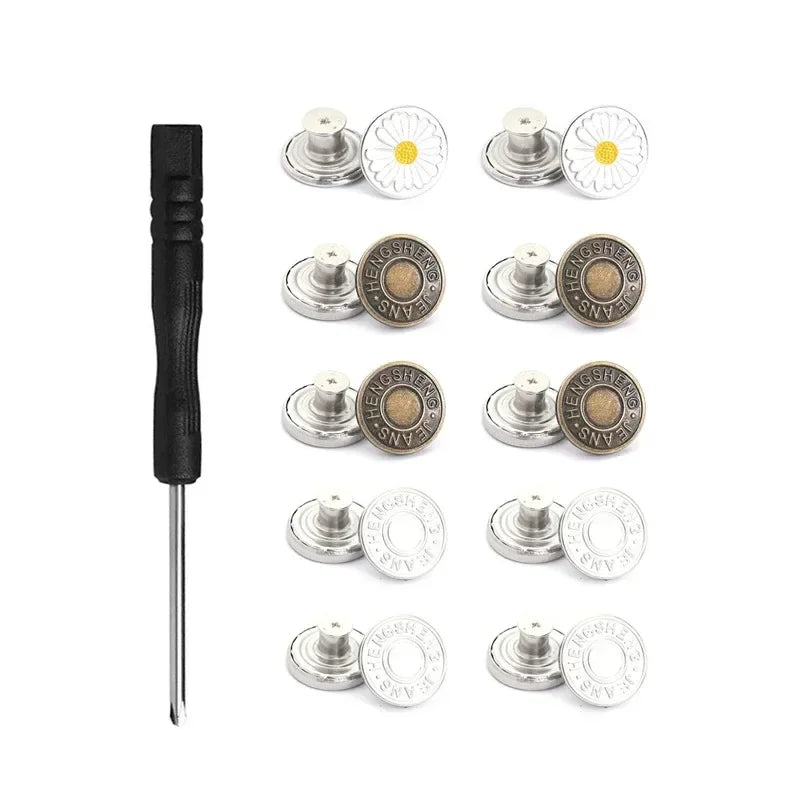 A set of 30 round metal jeans buttons for clothing displayed in various sizes and finishes.