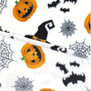 Orange and black Halloween flannel blanket featuring spider webs and witch themes