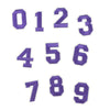 A set of purple customizable number patches, including digits 0 through 9.