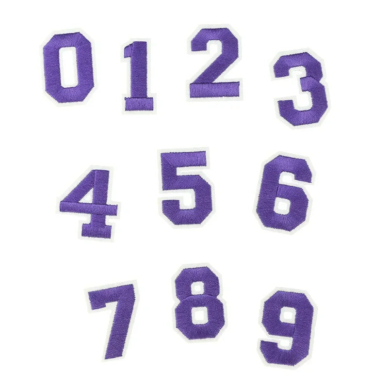 A set of purple customizable number patches, including digits 0 through 9.