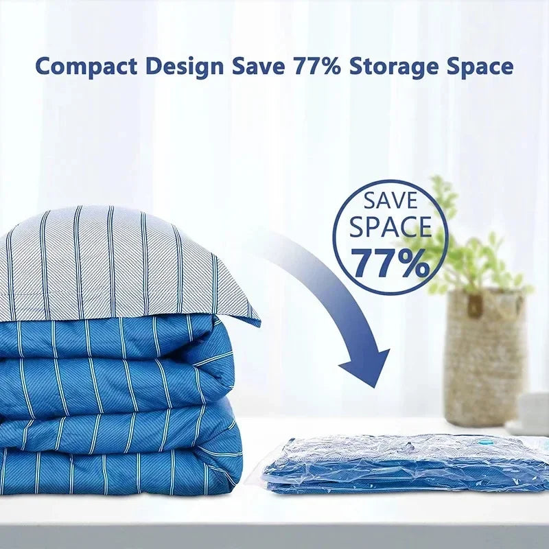 Blue striped storage bags stacked and laid out on a white surface demonstrating 77% space saving.