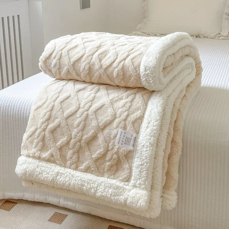 A thick cream fleece blanket folded on a white bed, featuring a quilted pattern and fluffy trim.