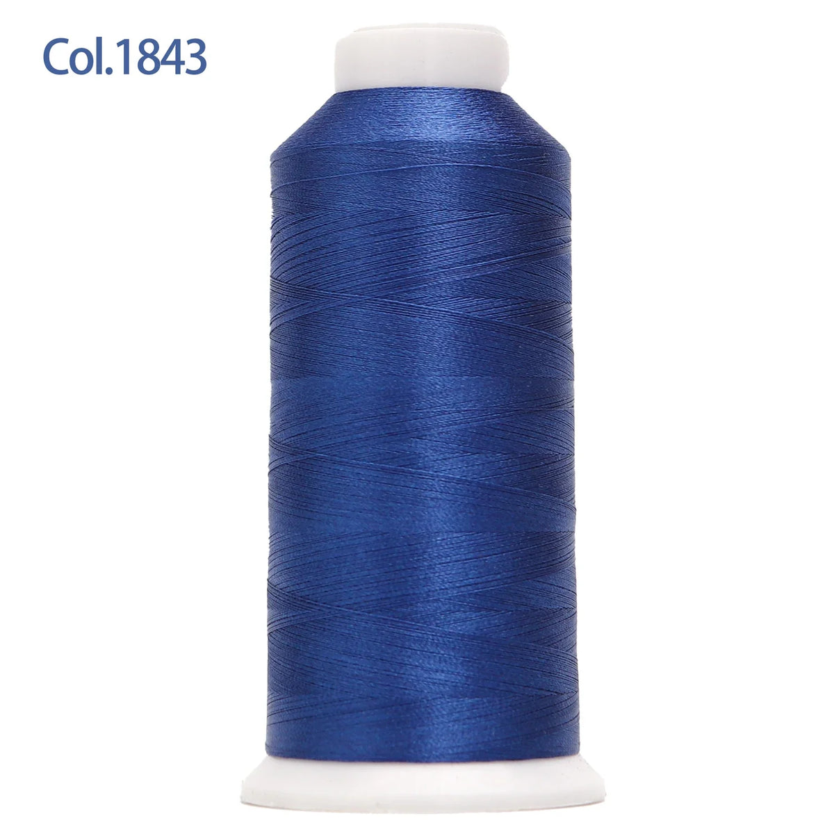 A spool of deep blue embroidery thread labeled Col.1843
