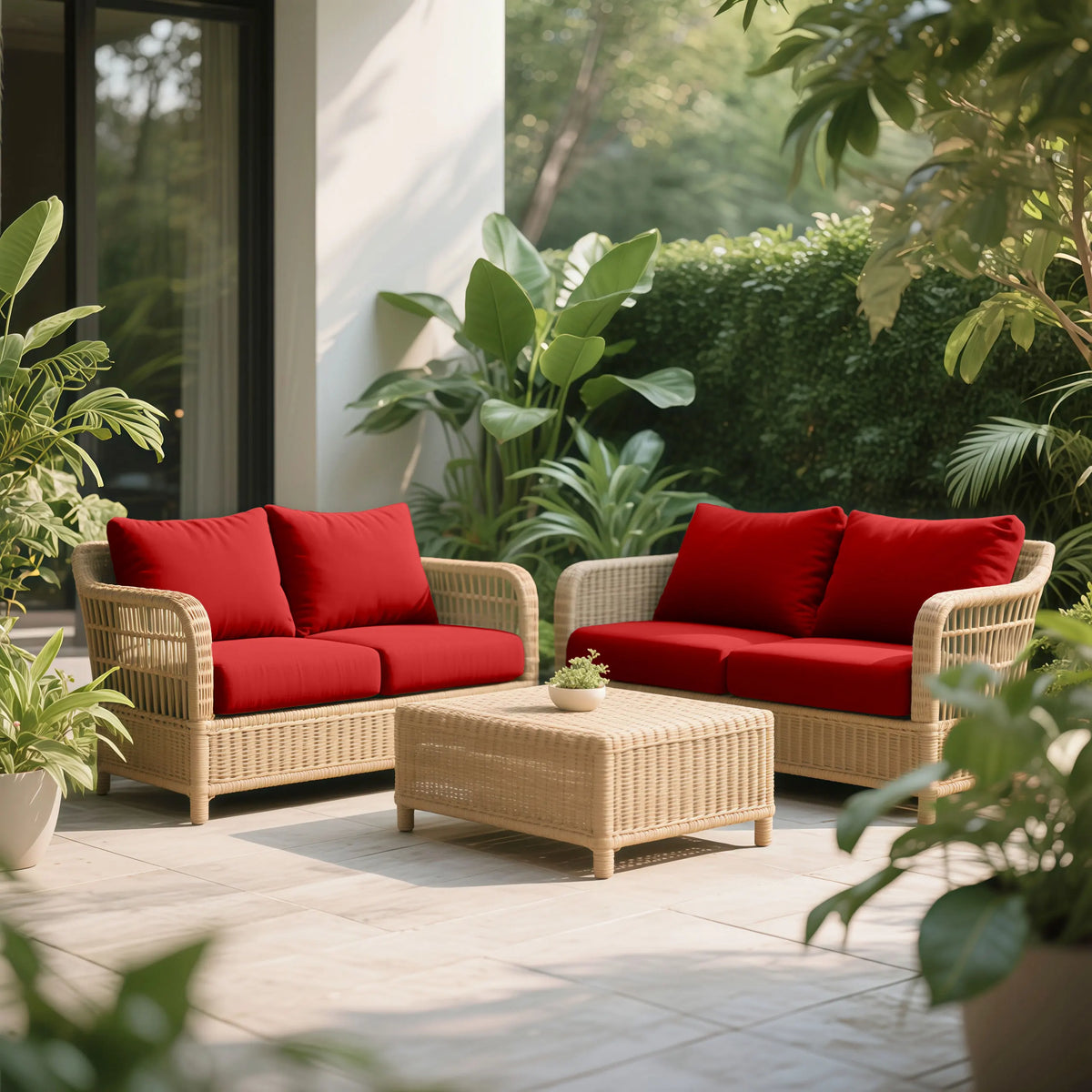 A set of two outdoor wicker sofas with red cushions and a woven coffee table placed on a patio.
