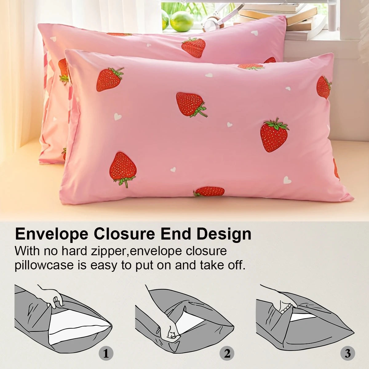 Pink envelope closure pillowcase with strawberry print shown on a bed.
