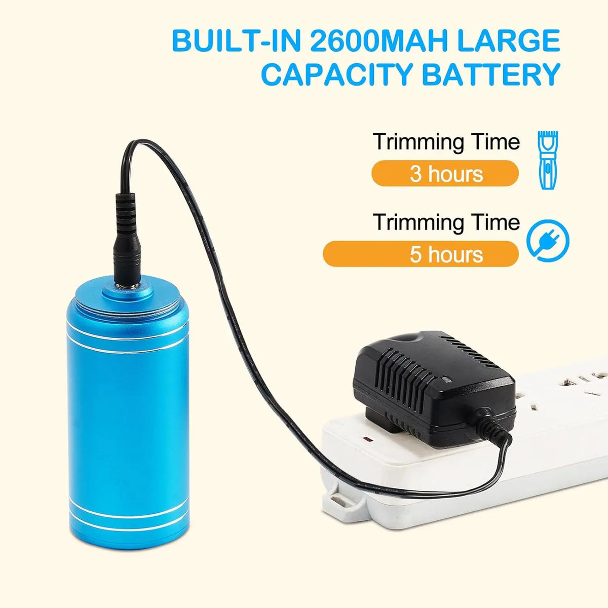 A blue built-in 2600mAh capacity battery connected by a cord to a white trimmer device.