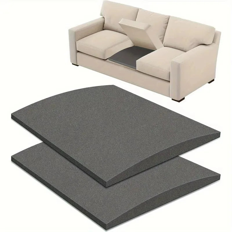 A beige sofa cushion repair pad is shown alongside a dark gray rectangular pad.