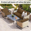 Brown outdoor sofa cushion covers protecting various types of sofas in a garden setting.