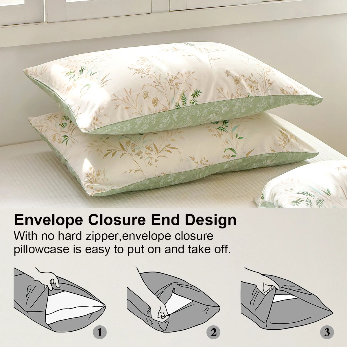 A set of pillowcases featuring an envelope closure end design in a light green floral pattern.