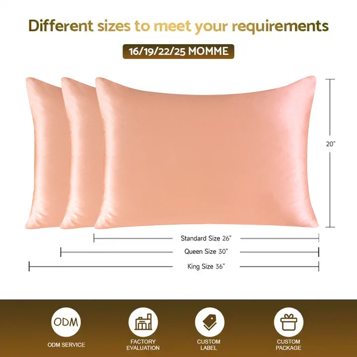 Different sizes of a peach-colored silk pillowcase including standard, queen, and king sizes.