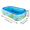 Blue inflatable pool with tropical theme and measuring dimensions shown.