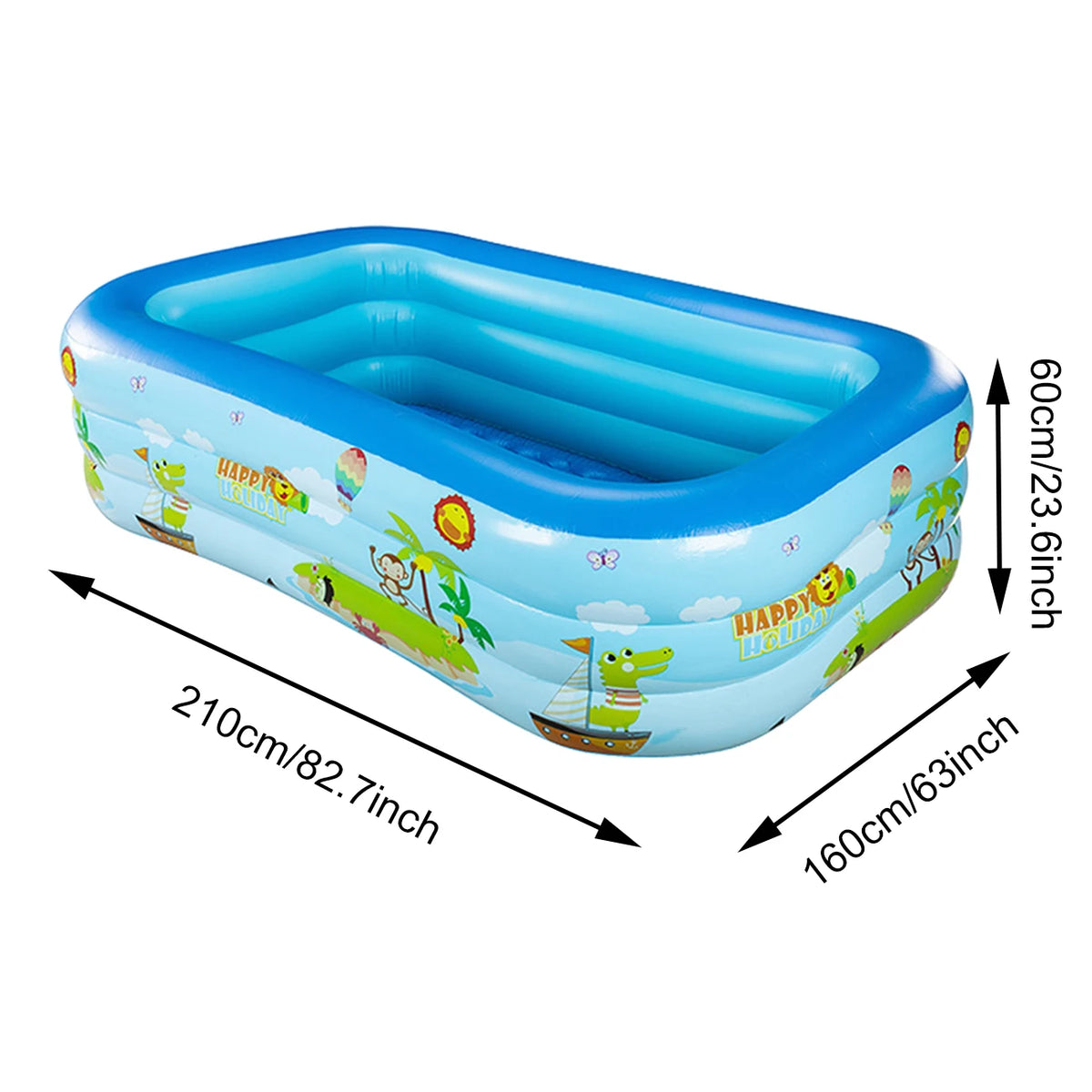 Blue inflatable pool with tropical theme and measuring dimensions shown.