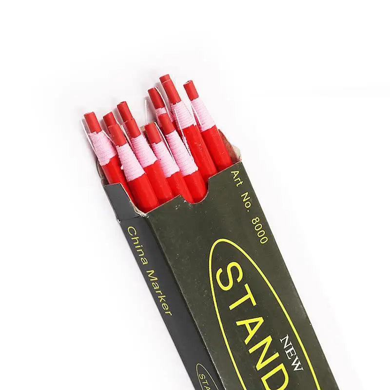 A set of red and white erasable fabric chalk markers is shown in a cardboard holder.
