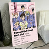 A vertical poster featuring characters from Ouran High School Host Club with pink and purple tones.