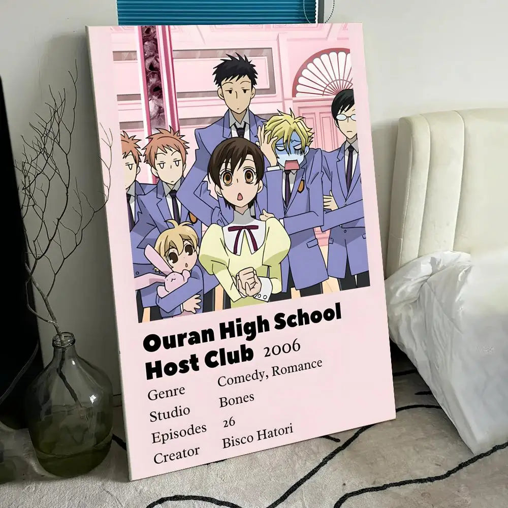 A vertical poster featuring characters from Ouran High School Host Club with pink and purple tones.