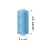 A spool of light blue polyester sewing thread measuring 6cm in length and 2.5cm in diameter.