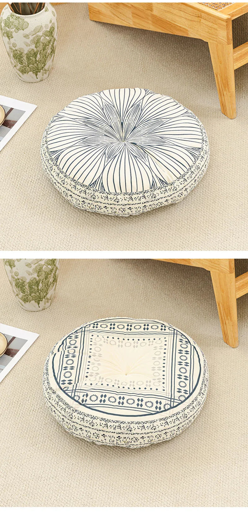 A round cushion with a black and white radial line pattern rests on a light beige floor, next to a wooden stool.