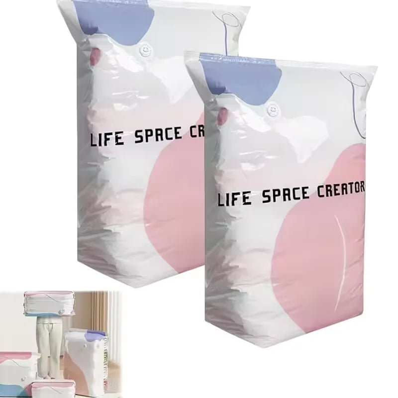 Two white vacuum storage bags with pink accents are shown, demonstrating space-saving vacuum storage.