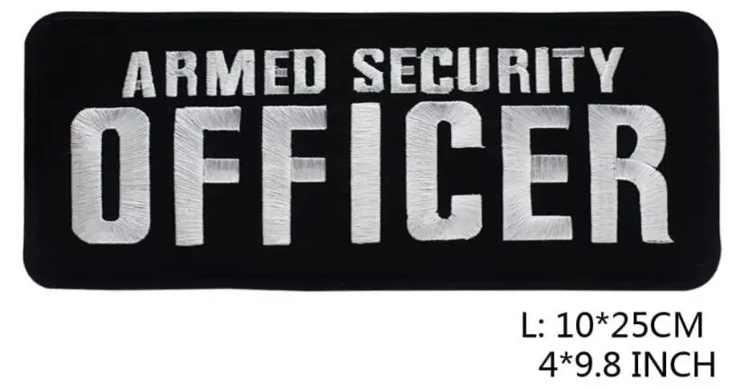 Black embroidered patch with silver text reading Armed Security Officer