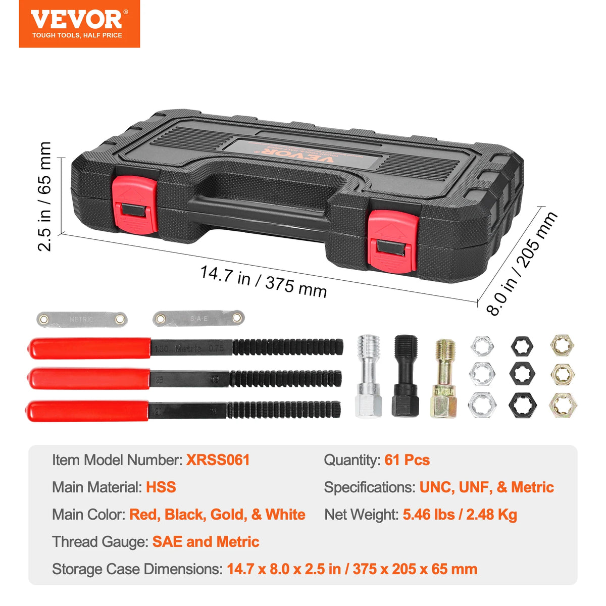 A kit of multi-size thread restorers in red, black, gold, and white for machinery.