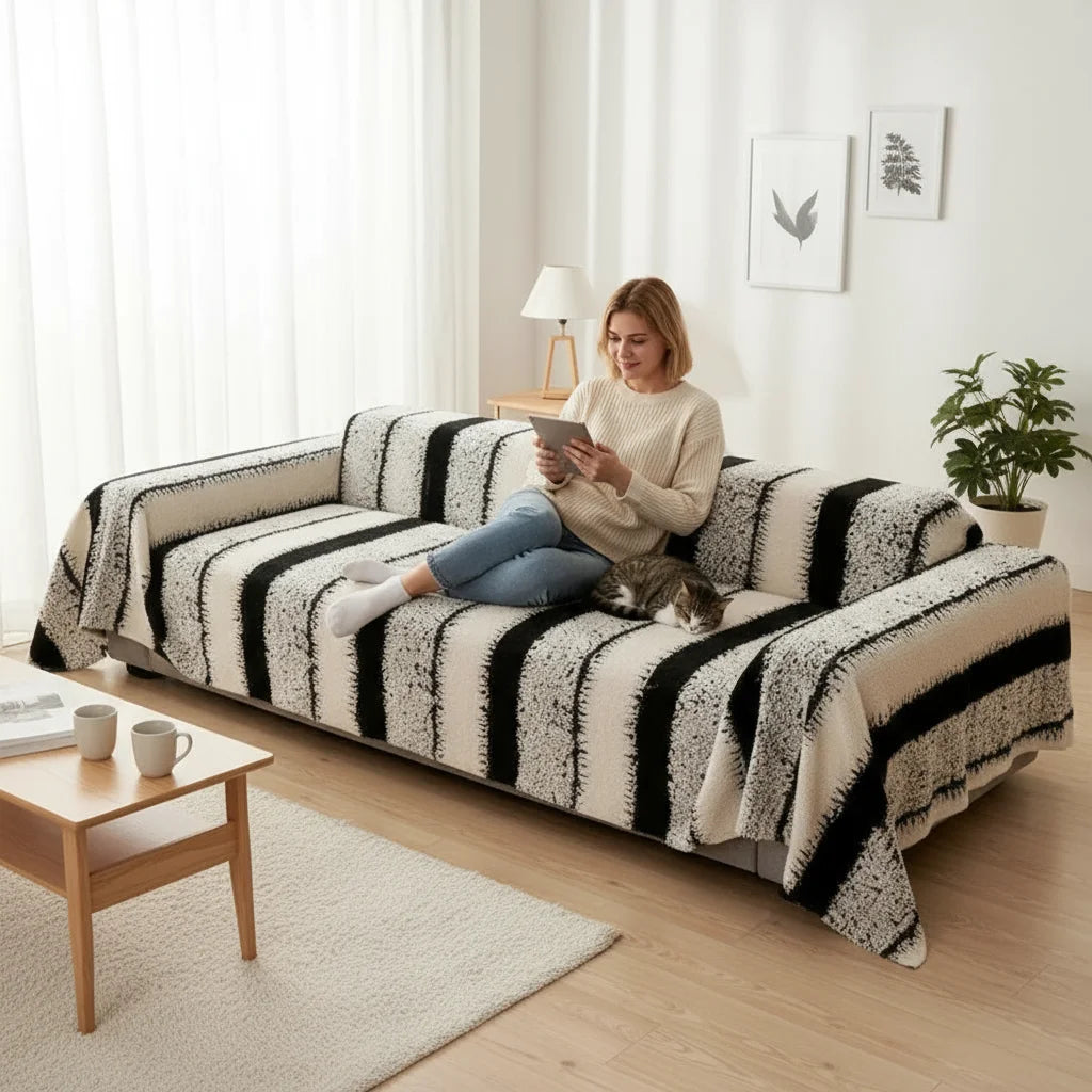A beige and black striped sofa cover is displayed on a light wood frame in a bright room.