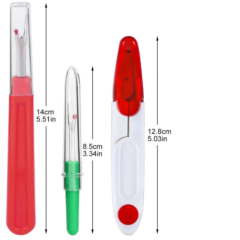 A colorful seam ripper kit featuring a red and white thread cutter tool.