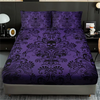 Purple skull floral 3-piece bed sheet set with intricate black patterns on a bed.