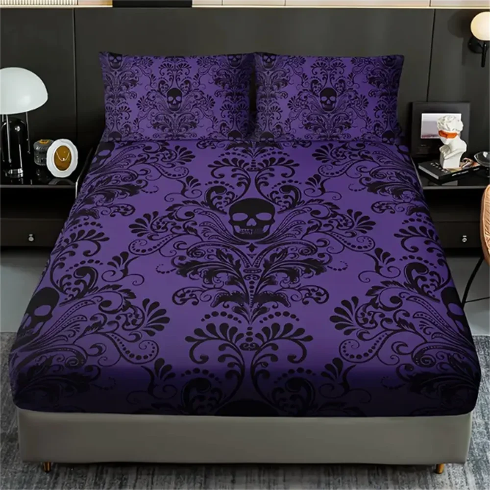 Purple skull floral 3-piece bed sheet set with intricate black patterns on a bed.
