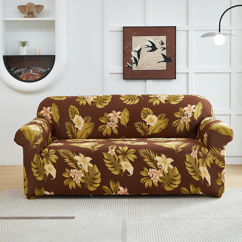 A brown floral patterned sofa cover displayed on a light gray floor.