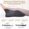 A black ergonomic memory foam wedge pillow is shown supporting the legs and relieving pressure on the ankles, calves, knees, 