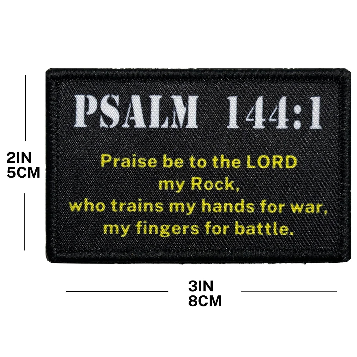 Black embroidered combat patch badge with Psalm 144:1 text on it.