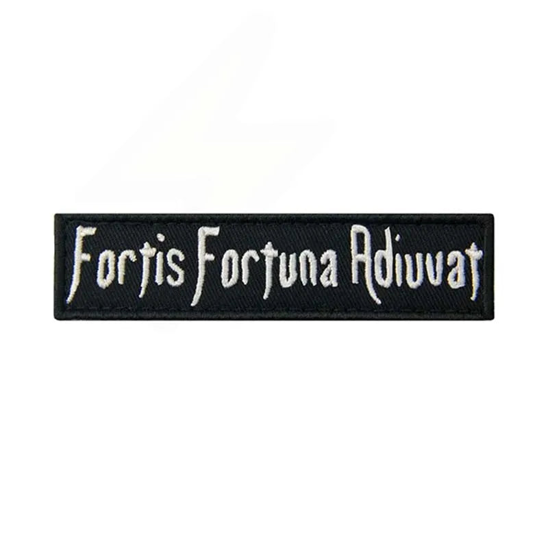 Black embroidered patch with the Latin phrase Fortis Fortuna Adiuvat