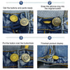 Step-by-step guide showing how to attach silicone rings as buttons to denim pant holes.
