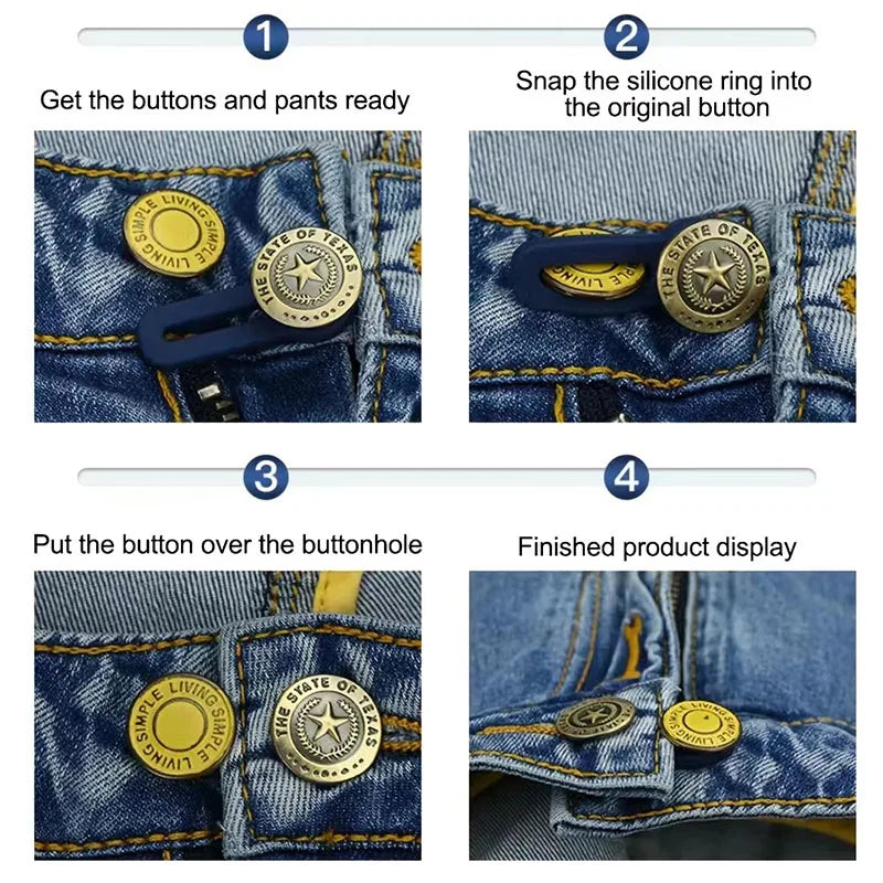 Step-by-step guide showing how to attach silicone rings as buttons to denim pant holes.