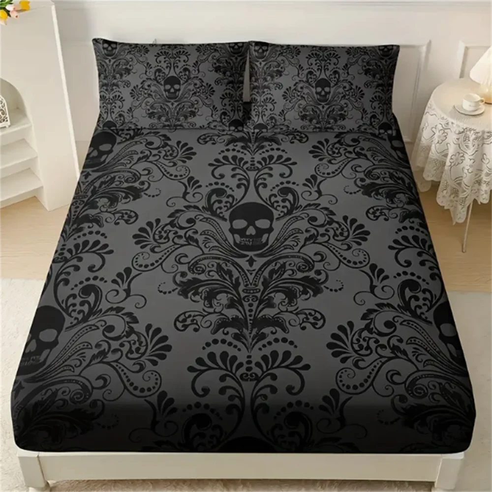 Black floral skull patterned bed sheet set featuring intricate designs on a bed.
