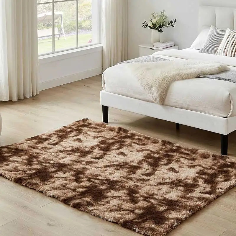A fluffy brown modern Nordic style rug placed on a light wood floor in a bright bedroom setting.