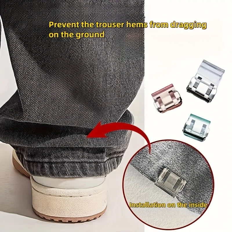 Invisible pant hem clip installed on the inside of a trouser leg to prevent dragging on the ground.