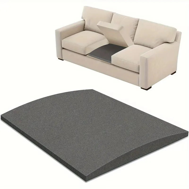 A light beige sofa cushion repair pad is shown next to a dark gray rectangular pad.