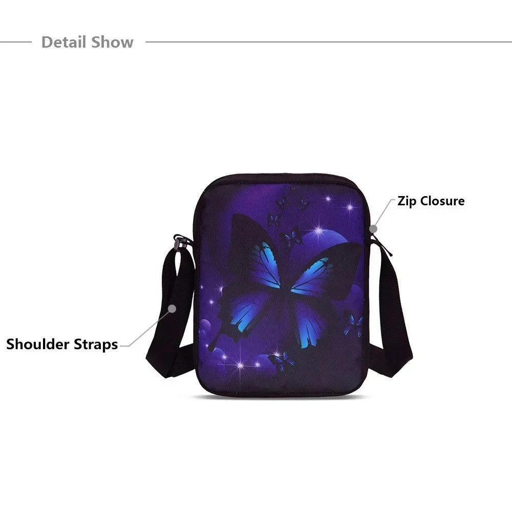 A purple backpack featuring a butterfly design with black shoulder straps and a zip closure.
