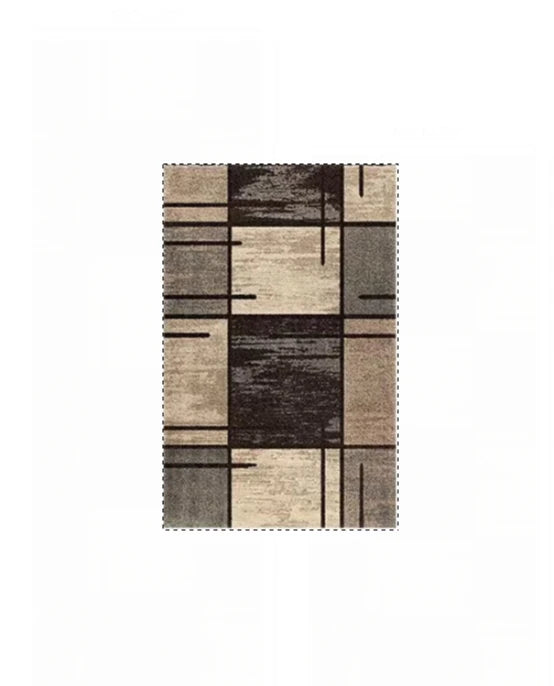 A rectangular floor mat with a modern checkered pattern in shades of gray and beige.