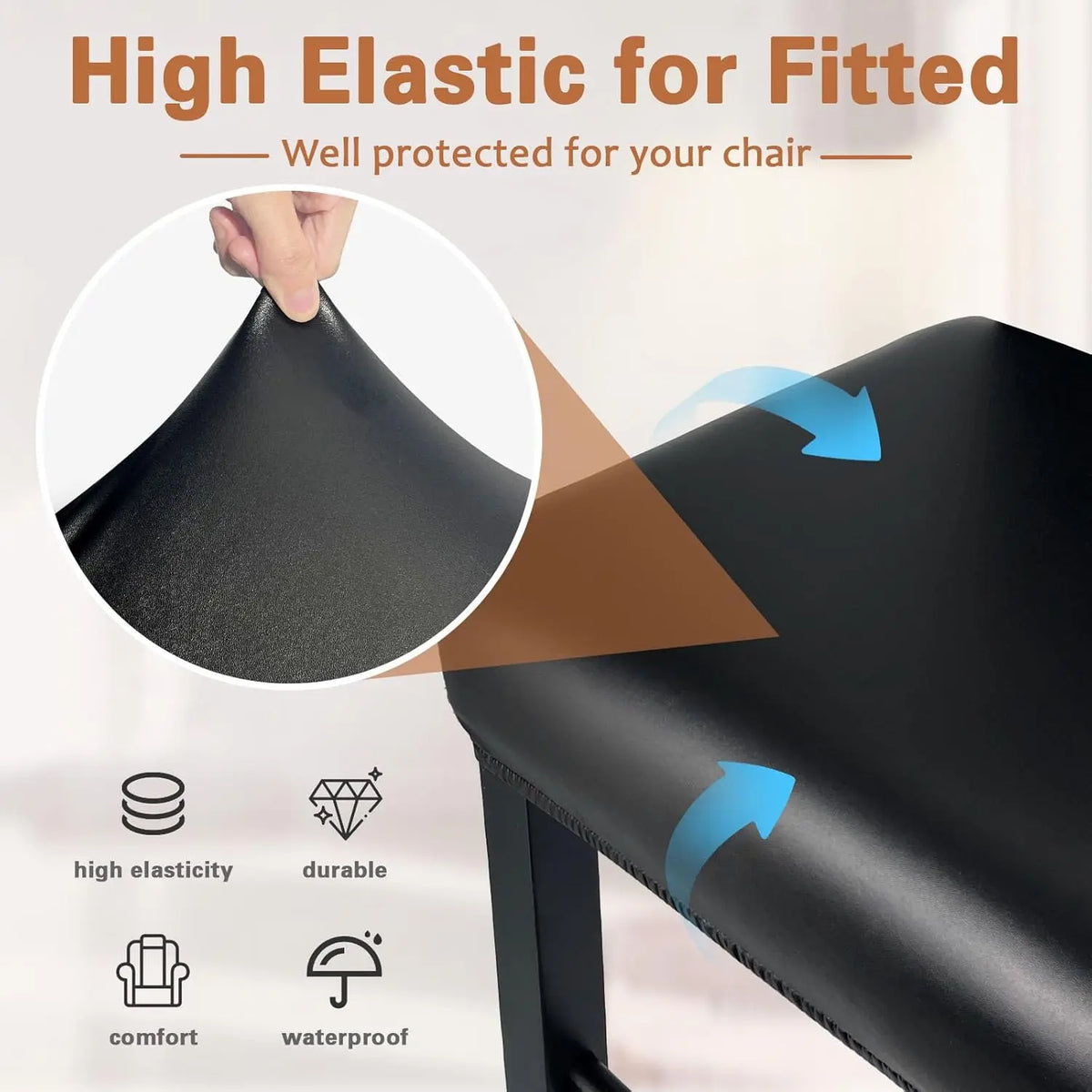 Close-up of a black PU leather bar stool cover showing high elasticity and durability features.