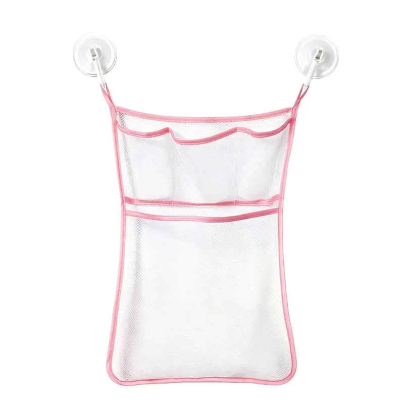 Pink mesh baby bath organizer storage bags with hanging loops