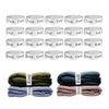 A collection of elastic bed sheet organizer straps in Twin, Full, King, and Queen sizes with corresponding labels.